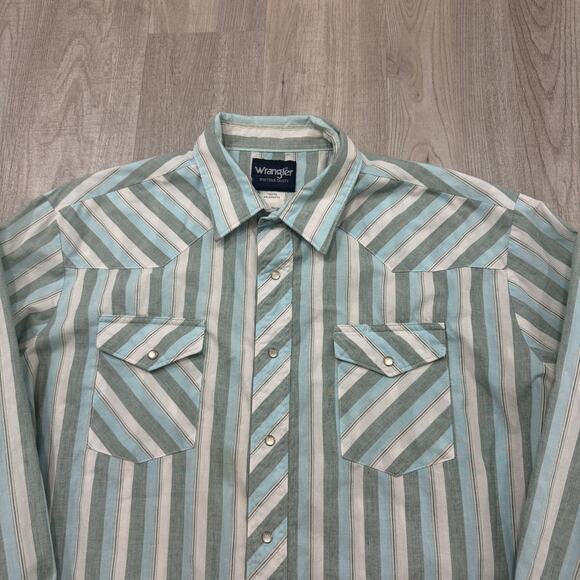 Vintage Wrangler Western Snap Button Shirt Men's 2XL Teal Striped 90s Cowboy - Picture 2 of 7